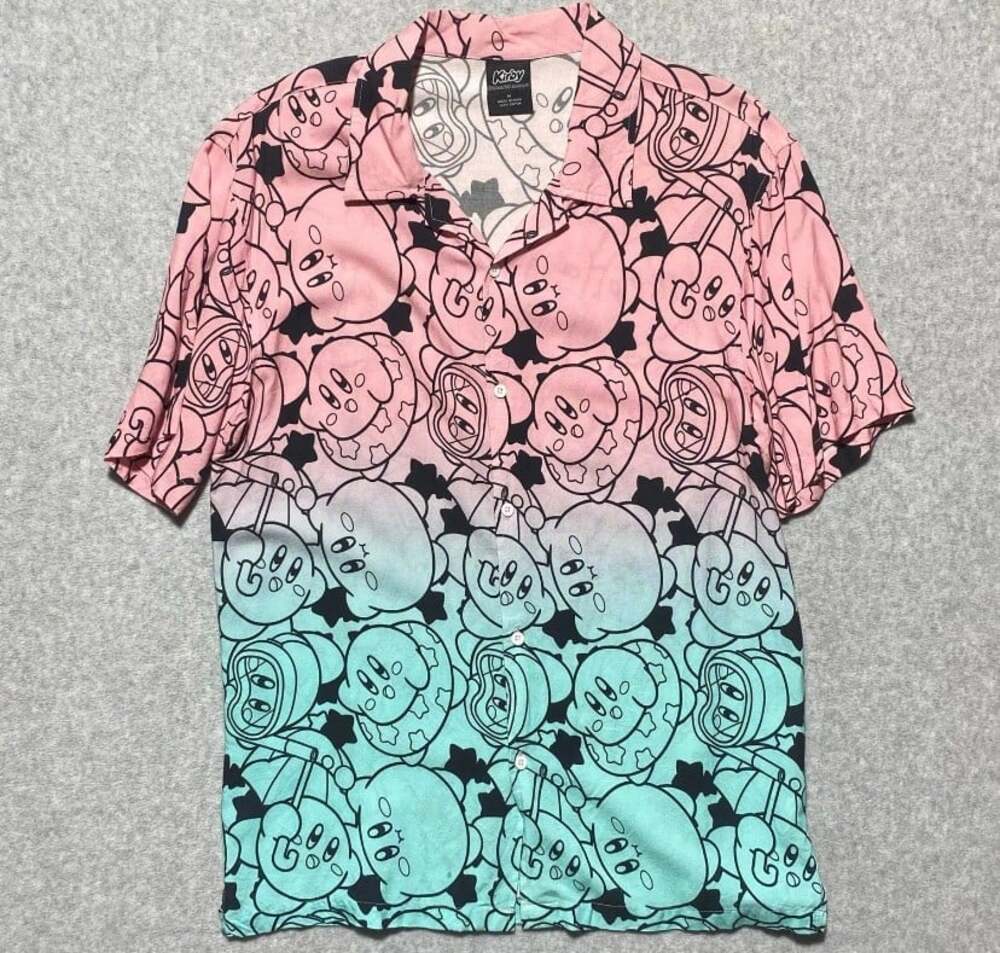 Kirby Shirt Men M Pink Rayon Short Sleeve Button Up Nintendo Video Games AOP 225